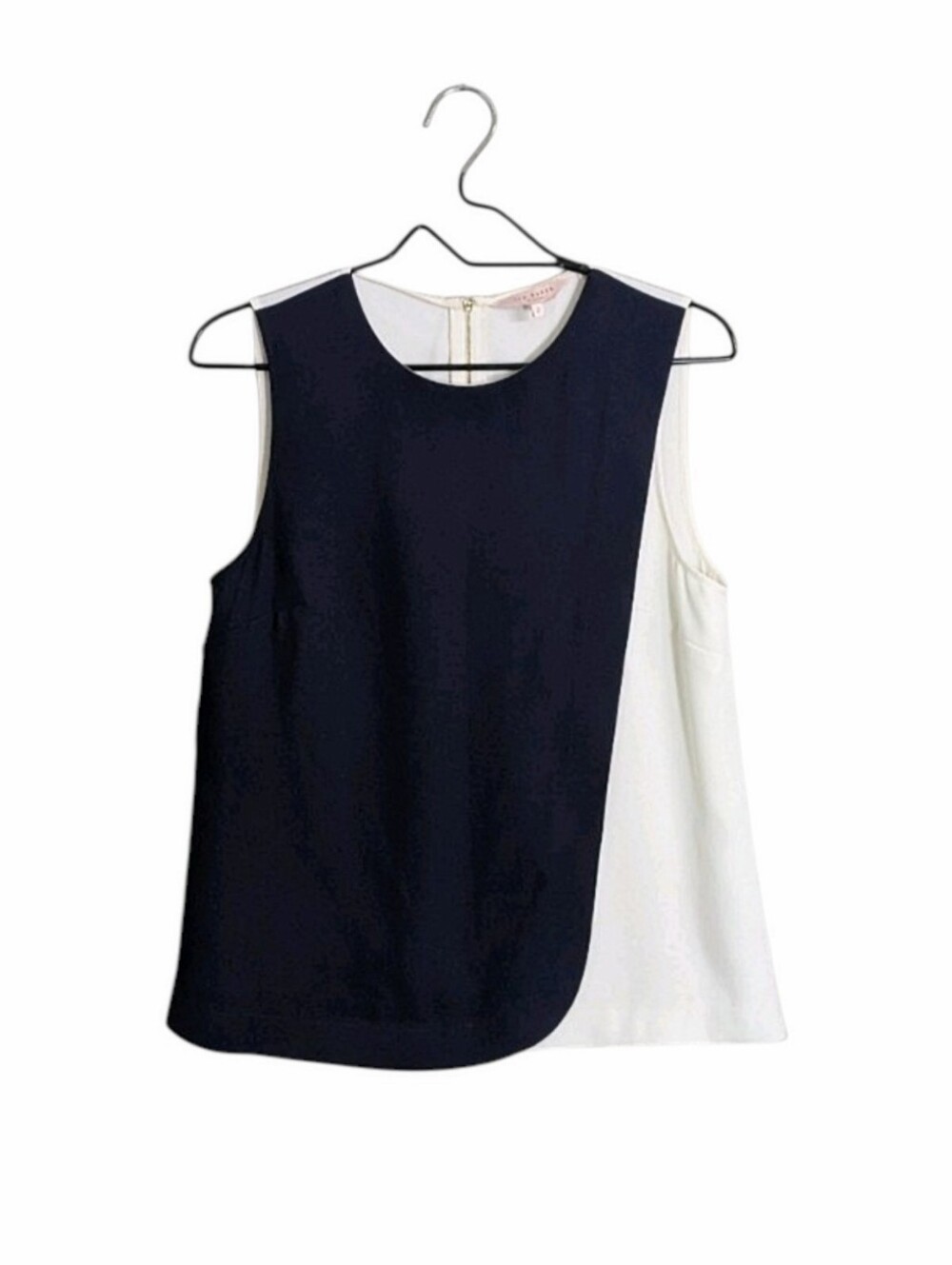 Ted Baker Two Tone Navy Blue White Panel Front Top Blouse Sz 2 Sleeveless Formal